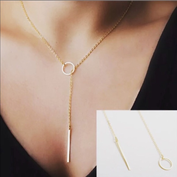Gold Circle Bar Lariat Necklace - Picture 2 of 5